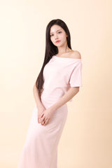 Off-Shoulder Slit Long Onepiece Pink
