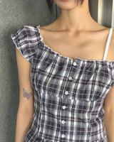Benha Checkered Puff Sleeveless Blouse