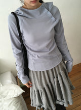 Lahomi Diagonal Ribbed Button Hood Long Sleeve Tee