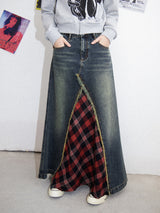 Denim patchwork checked fishtail skirt