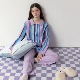 ロイヤル パープル アンド エメラルド グリーン コントラスト ストライプド スリープセット - 95% Cotton 5% Spandex Relaxed Pajamas