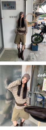 wide neck loose fit stripe long-sleeve t-shirt