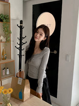 Raymi Heart Neck Shirring Slim Rib T-Shirt (4color)