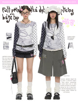 BETWEENAND Long-sleeved women’s top for spring, with a pixelated anime-style polka dot design; helps to slim the figure