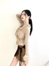 1083. Fur trimming ribbon cardi (3color)