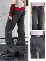 Embroidered slim-fit denim wash bootcut trousers