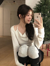 Halter Neck Ribbon Strap Off Shoulder Knit (3color)