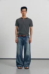 Stripe slim henley neck half t-shirts(Black)