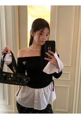 シューズレイヤードシャツオフショルダーロングスリーブTシャツ