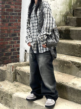 Tory dark blue washing semi-wide denim pants
