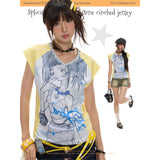 BETWEENAND サマー イエロー ストライプ Vネック スリムフィット ウエストシェイプ ショートスリーブ Tシャツ
