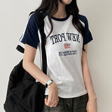 Raffin embroidered 2本ラインカラーラグラン半袖Tシャツ