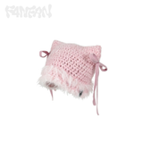 Handcrafted Crochet Cat Ear Beanie with Side Bows，Fluffy Long Fuzzy Brim,  knit Cute Hat