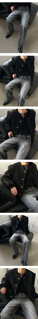 [S-XL] All brush carpender patch denim pants