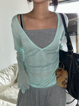 City Girl Sheer Deep V-Neck Knit Top 8color