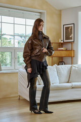 PAMELA LEATHER BOMBER JACKET / BROWN