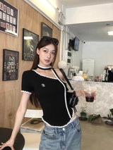 Black Stitch Unbalanced Off-Shoulder Strap Short Sleeve T-Shirt