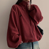 Baggle Oversized Corduroy Embroidery High-Neck Zip-Up