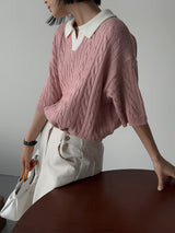 ASCLO Twist Open Collar Short Sleeve Knit (3color)
