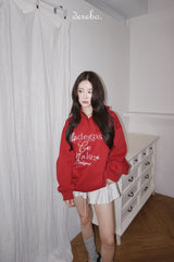 ルーズビーデッドレタリングロングスリーブフーデッドTシャツ