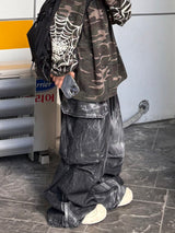 shot crack denim cargo balloon pants