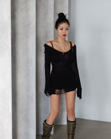 damage net see-through long knitwear