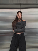 [Muffler set] レイオフショルダーストライプロングスリーブ