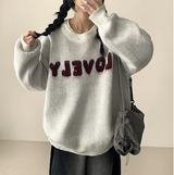 Mona Lovely Lettering Embroidery Loose Fit Round Knit