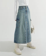 Back Slit Cargo Denim Long Skirt