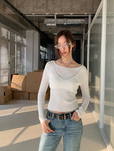 ダブルレイヤーカラーVネック長袖Tシャツ