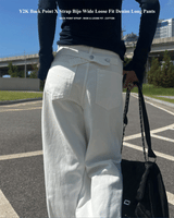 Y2KバックポイントXストラップビジョワイドルーズフィットデニムロングパンツ (ホワイト)