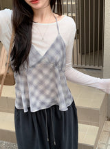 [SHOPPERMADE] シフォンチェックホルターネックスリーブレスブラウス
