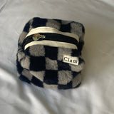 Clam ラウンドポーチ_ファーダークグレーチェッカーボード