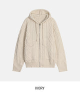 [wool30%] ウッズケーブル ツーウェイニット フード付きジップアップ