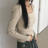 Coil Chiffon Layered Square Neck Slit V-Neck Knitwear