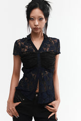 LACE SHIRRING SHIRT #NAVY&BLACK