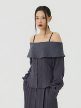 Scratch Cape Off-Shoulder Belted Shirt, Charcoal