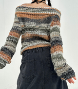 SNOWFLAKE COLOR-BLOCK BROWN OFF-SHOULDER LONG-SLEEVE KNIT