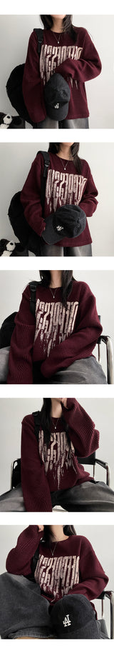 Camo lettering knit long-sleeved shirt