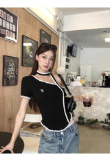 Black Stitch Unbalanced Off-Shoulder Strap Short Sleeve T-Shirt
