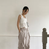 fullin Shirring String Button Sleeveless Blouse