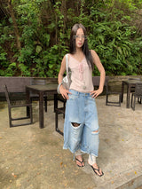 Pink stripe lace-up sleeveless t-shirt
