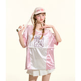 [GirlyFancyClub] Sweet and Cool Girl Color-block Quick-dry Satin Sporty Style Dual-wear Loose T-shirt