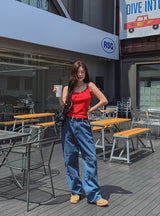 リッチダブルニーパッチストレートデニム