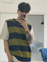 Stripe round neck knit vest 2C