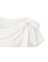 Lena Lace Boatneck Drape Ribbon Top Ivory