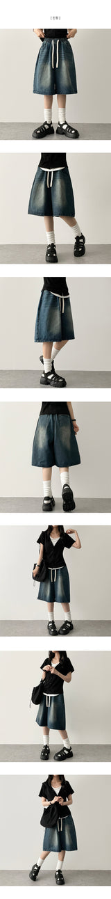New Ring waistband vintage washed denim Bermuda shorts