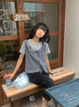 Baso Check Frill Seersucker Boat-Neck Blouse