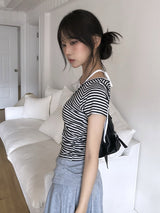 イショ フェイクレイヤード ホルター ストライプ ボタン ショートスリーブ Tシャツ