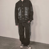 faux leather mix denim shirt_black
